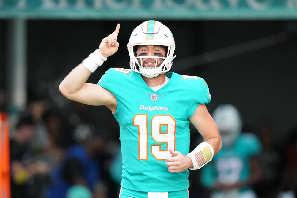 Miami Dolphins quarterback Skylar Thompson (19) enters the field before the game between the New York Jets and the Miami Dolphins on Sunday, January 8, 2023 at Hard Rock Stadium, Miami Gardens, Fla.