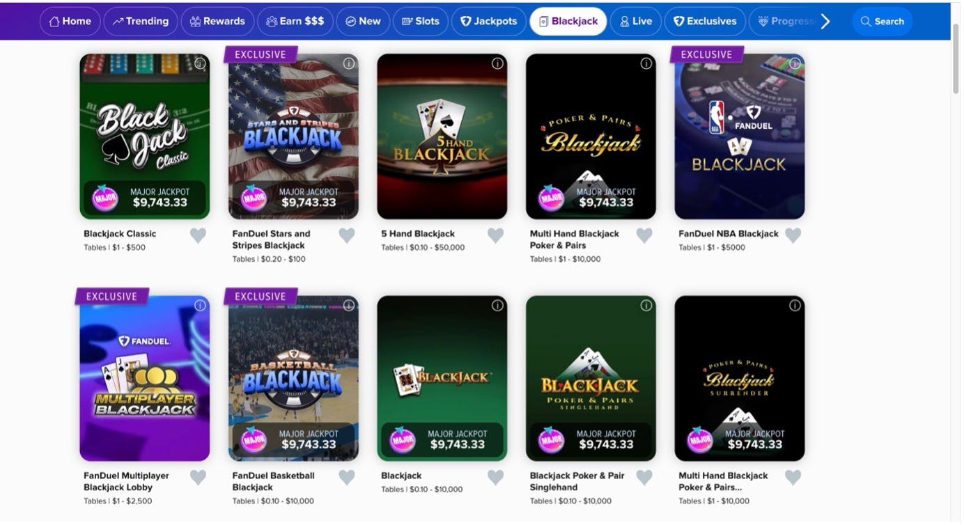 Some of the blackjack games at FanDuel Casino NJ