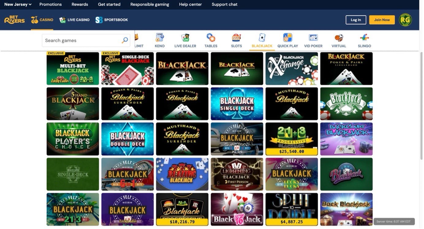 BetRivers blackjack game selection.