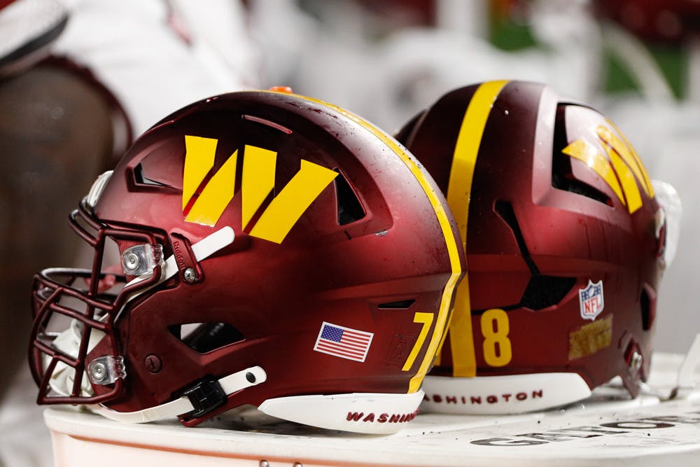 CINCINNATI, OH - SEPTEMBER 23: Washington Commanders helmets sit during the game against the Washington Commanders and the Cincinnati Bengals on September 23, 2024, at Paycor Stadium in Cincinnati, OH. 