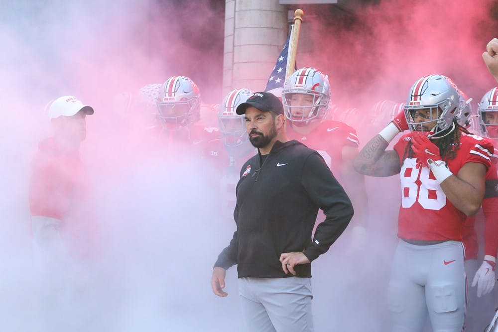 COLUMBUS, OH - NOVEMBER 09: Ohio State Buckeyes head coach Ryan Day stands with his players before the game against the Purdue Boilermakers and the Ohio State Buckeyes on November 9, 2024, at Ohio Stadium in Columbus, OH.