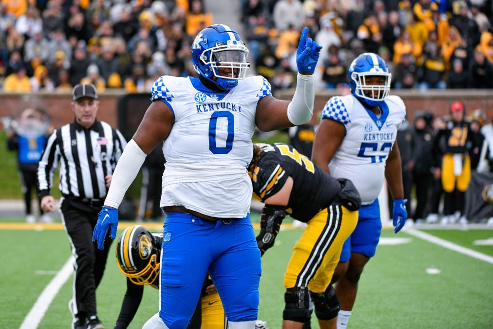 Kentucky Wildcats defensive tackle Deone Walker (0) celebrates his sack during a SEC conference game between the Kentucky Widlcats and the Missouri Tigers 