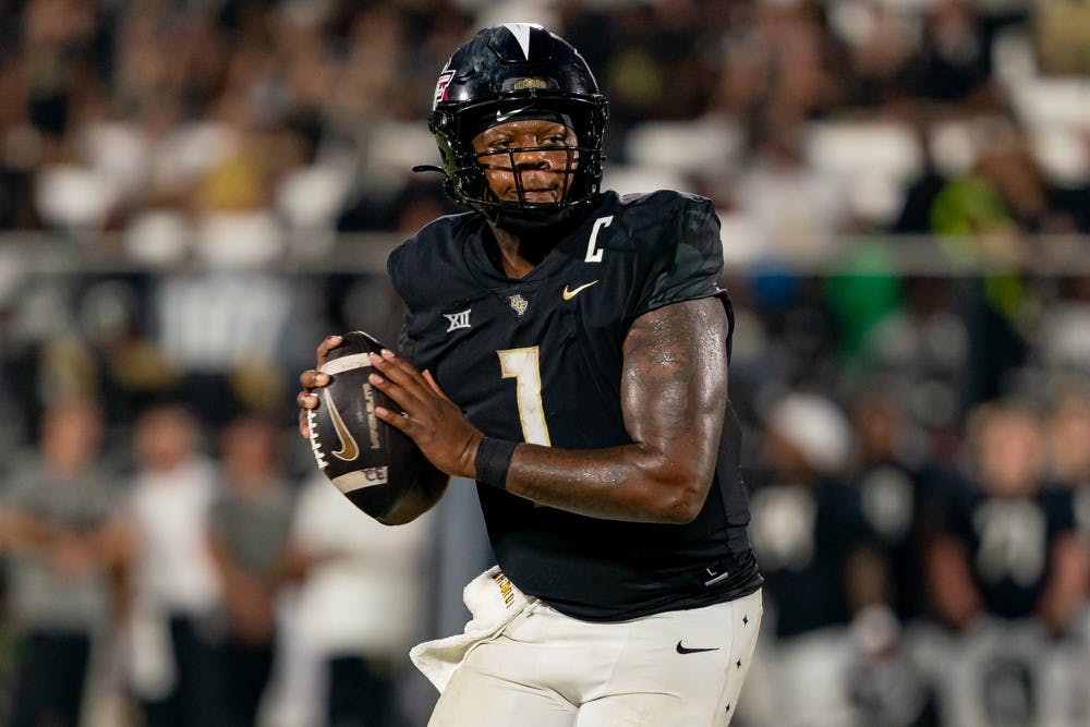 ORLANDO, FL - SEPTEMBER 28: UCF Knights quarterback KJ Jefferson (1) looks to pass during a college football game between the Colorado Buffaloes and the UCF Knights on September 28th, 2024 at FBC Mortgage Stadium in Orlando, FL. 