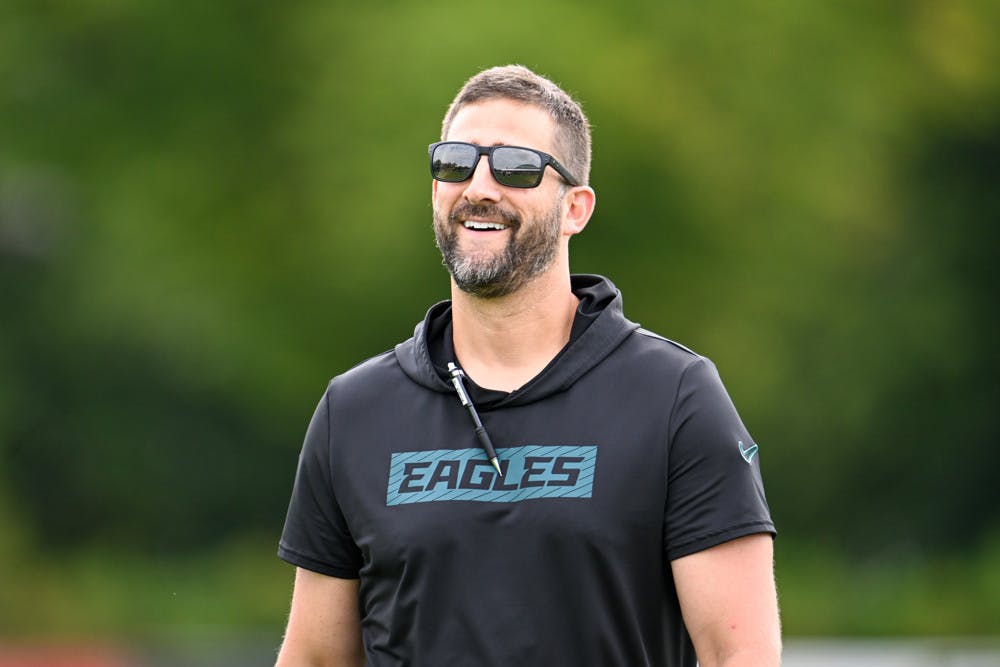 PHILADELPHIA, PA - AUGUST 07: Philadelphia Eagles head coach Nick Sirianni smiles during the Philadelphia Eagles training camp on August 7th, 2024 at the NovaCare Complex in Philadelphia, PA.