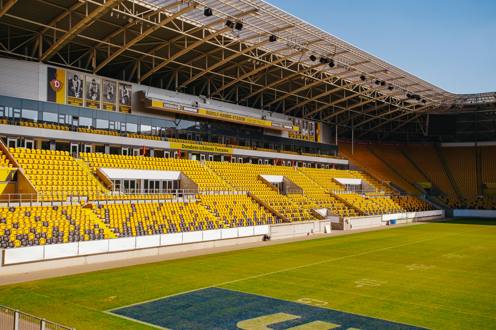 A general view empty seats on tribunes of Rudolf Harbig Stadion. The Second Bundesliga, SG Dynamo Dresden and DDV-Stadion. 